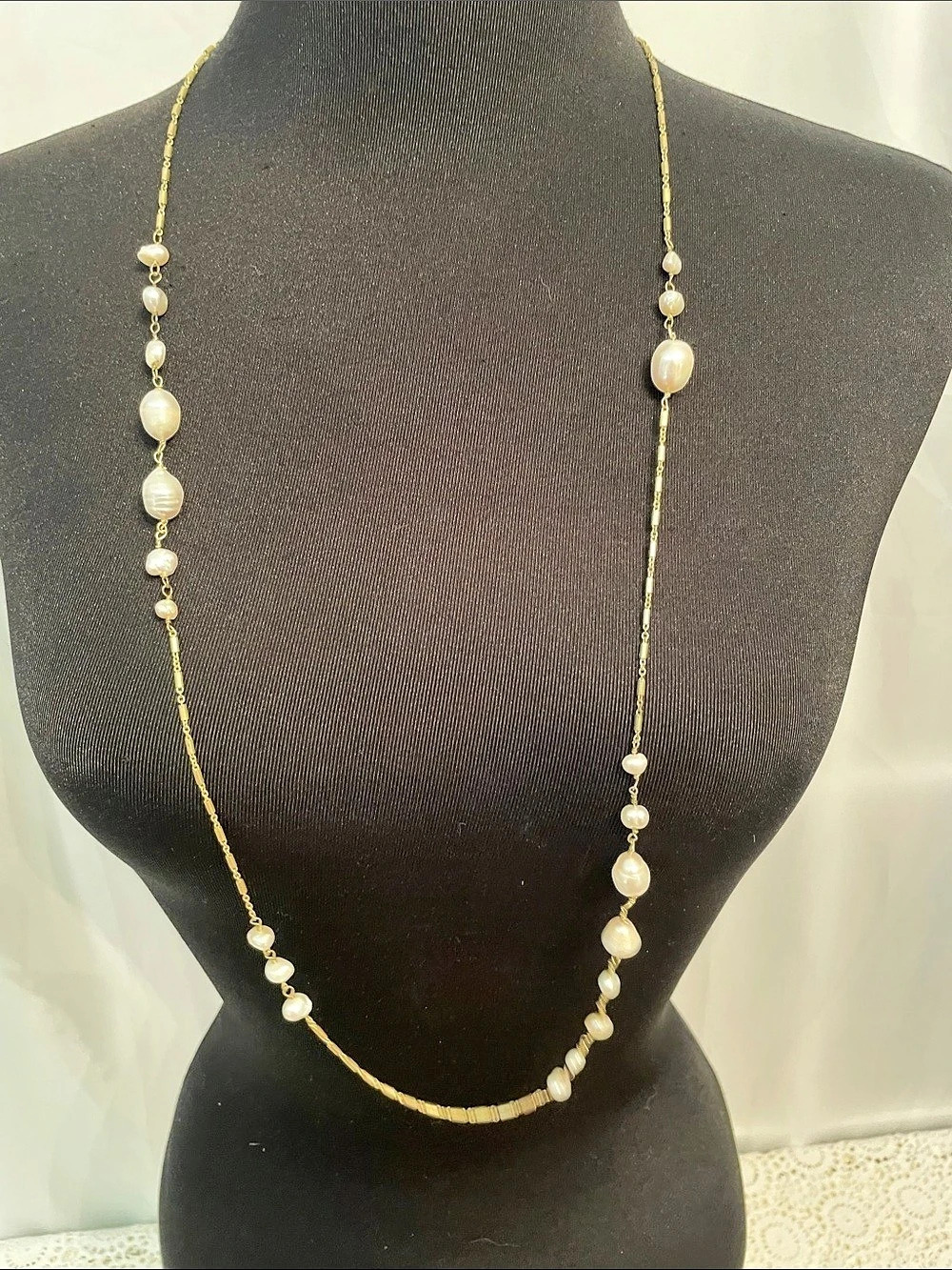 Chico's Pearl Necklace in Gold & White 17” drop
